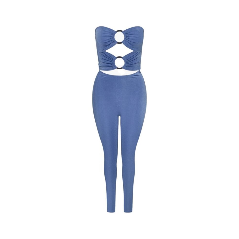 NWT May Pink Powder Blue Strapless Silver Ring Cutout Bodycon Jumpsuit